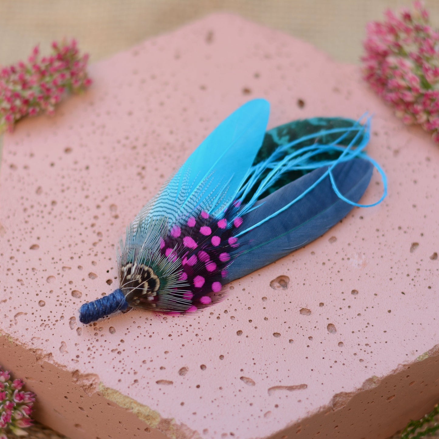 Turquoise Blue and Pink Feather Pin No.103