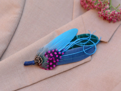 Turquoise Blue and Pink Feather Pin No.103