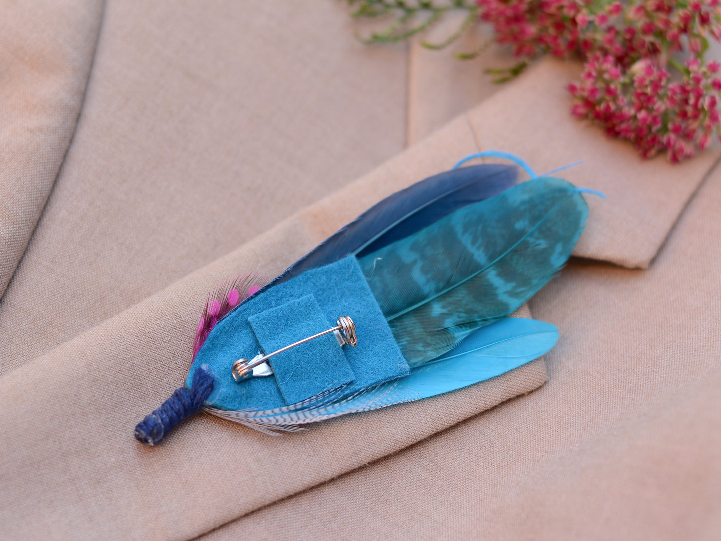 Turquoise Blue and Pink Feather Pin No.103