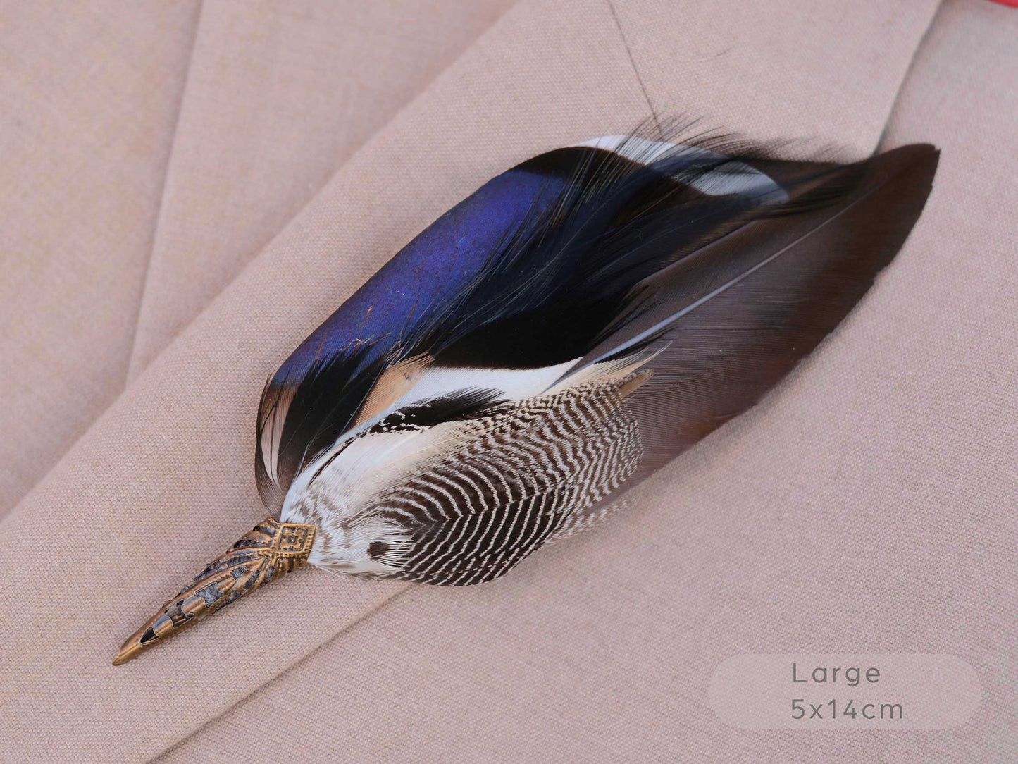 A large decorative bird feather buttonhole with iridescent blue, black, white, and brown sections, laid on a beige fabric background. Text in the lower right reads 'Large 5x14cm'.