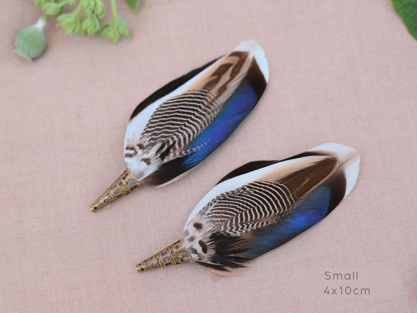 Two decorative bird feather buttonholes with iridescent blue, brown, black, and white patterns, displayed on a textured beige fabric background with a small green leaf in the corner and 'Small 4x10cm' text in the bottom right.
