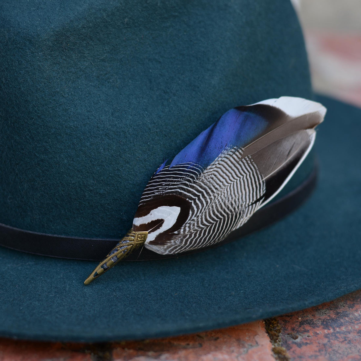 A close-up of a dark teal felt hat with a black band and a decorative bird feather pin featuring blue, white, black, and brown tones, resting on a brick surface.