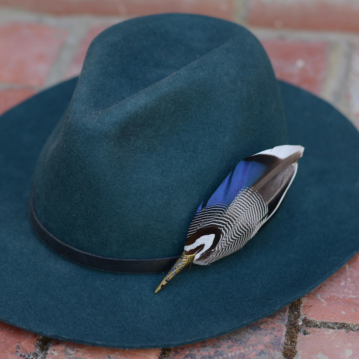 A dark teal felt wide-brim hat with a black band and a decorative feather hat pin in iridescent electric and navy blue, grey, white and black resting on a red brick surface.