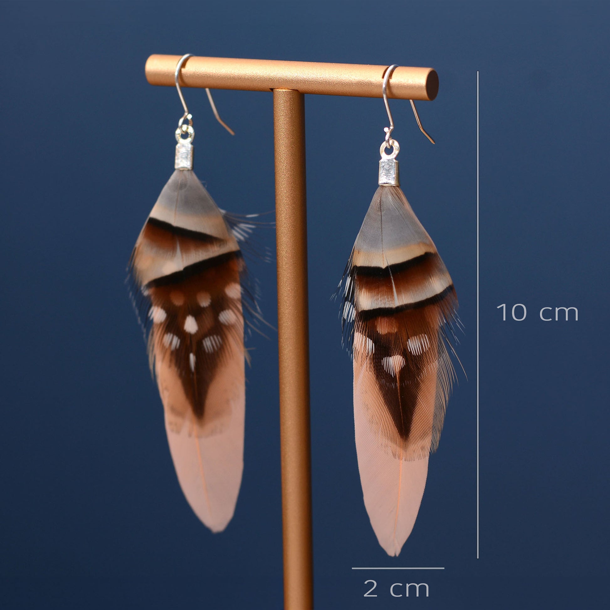 A pair of long feather drop earrings displayed on a gold stand against a dark blue background, with size markers showing 10 cm in height and 2 cm in width.