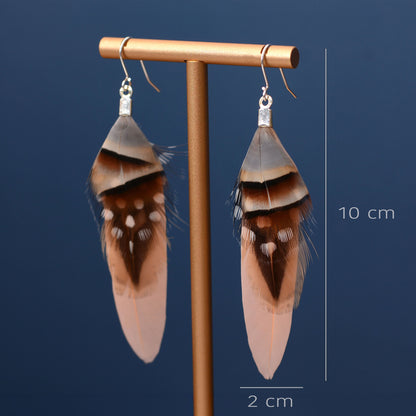A pair of long feather drop earrings displayed on a gold stand against a dark blue background, with size markers showing 10 cm in height and 2 cm in width.