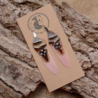 A pair of dangling  real feather earrings displayed on a kraft card, placed on textured tree bark. The earrings have light pink feathers with dark brown and black bands, white spots, and silver-plated hooks.