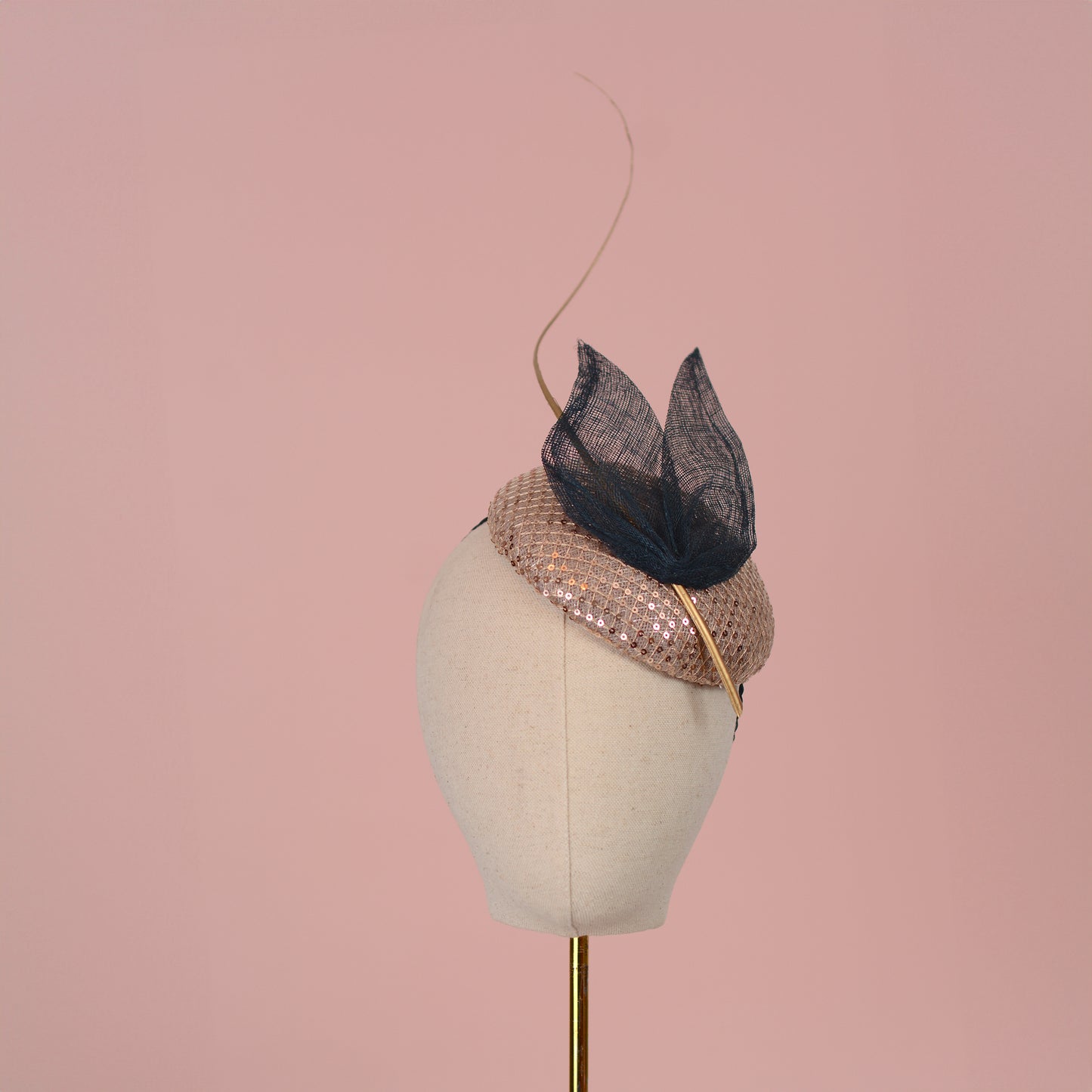 Blush Pink Sequin Button Fascinator with Navy Blue and Gold