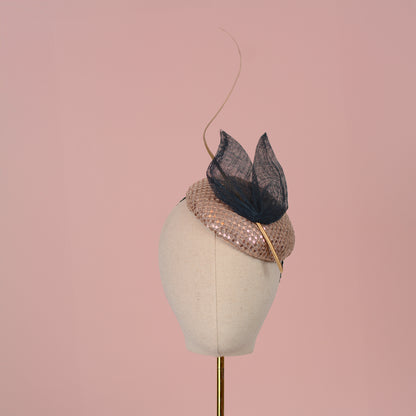 Blush Pink Sequin Button Fascinator with Navy Blue and Gold