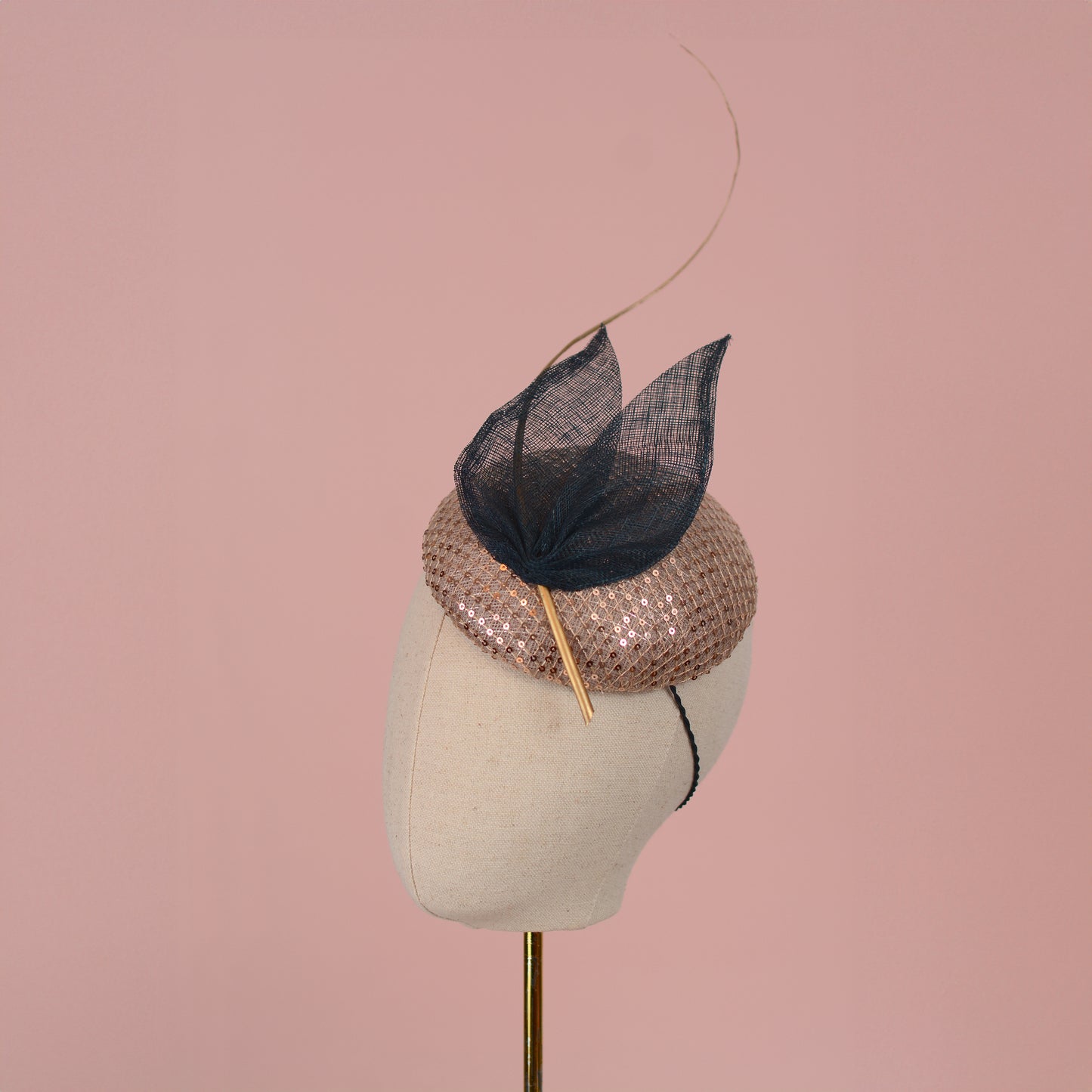 Blush Pink Sequin Button Fascinator with Navy Blue and Gold