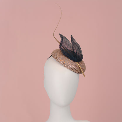 Blush Pink Sequin Button Fascinator with Navy Blue and Gold