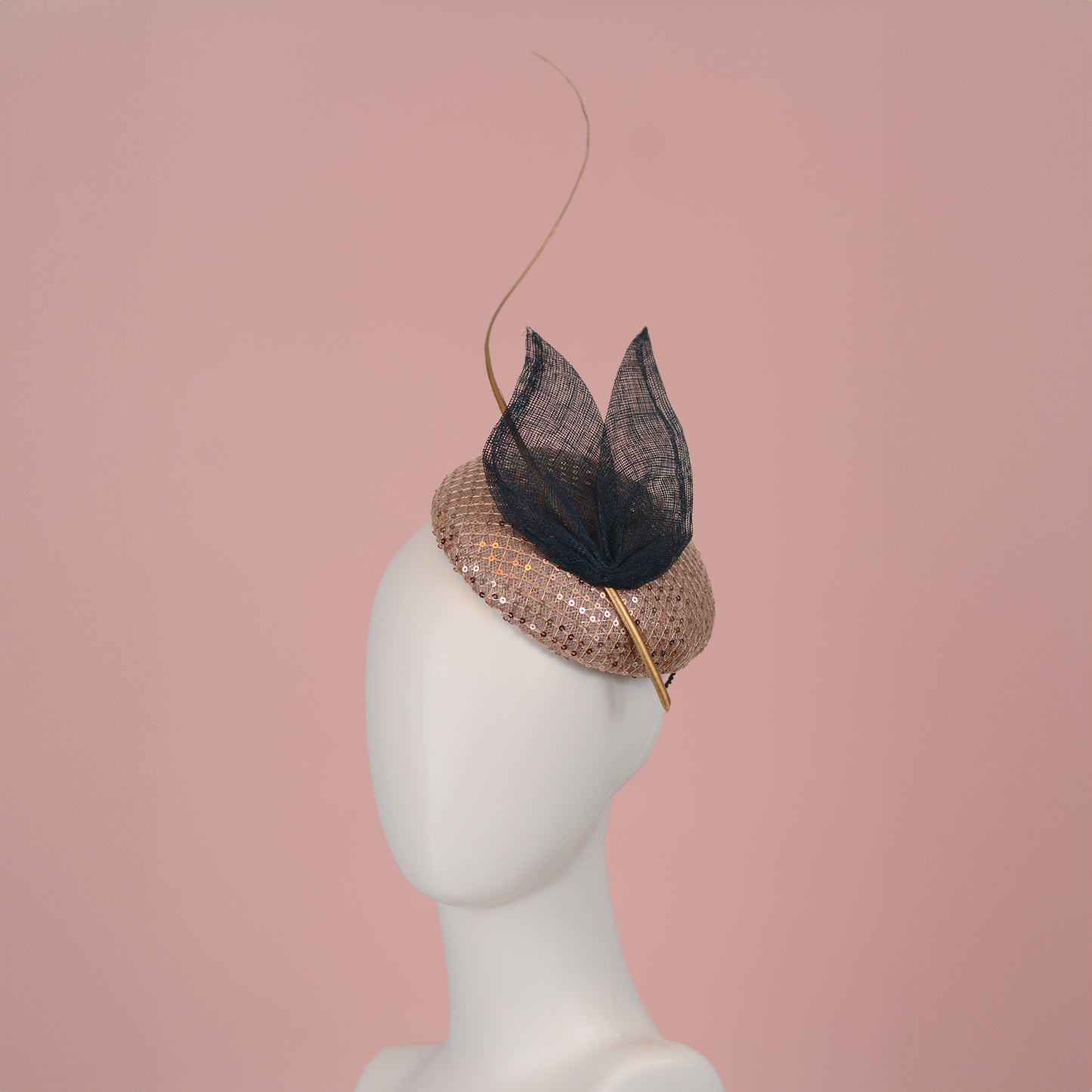 Blush Pink Sequin Button Fascinator with Navy Blue and Gold