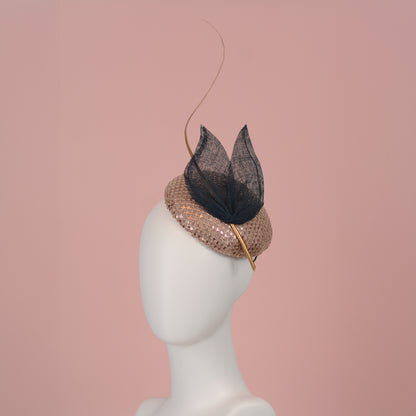 Blush Pink Sequin Button Fascinator with Navy Blue and Gold