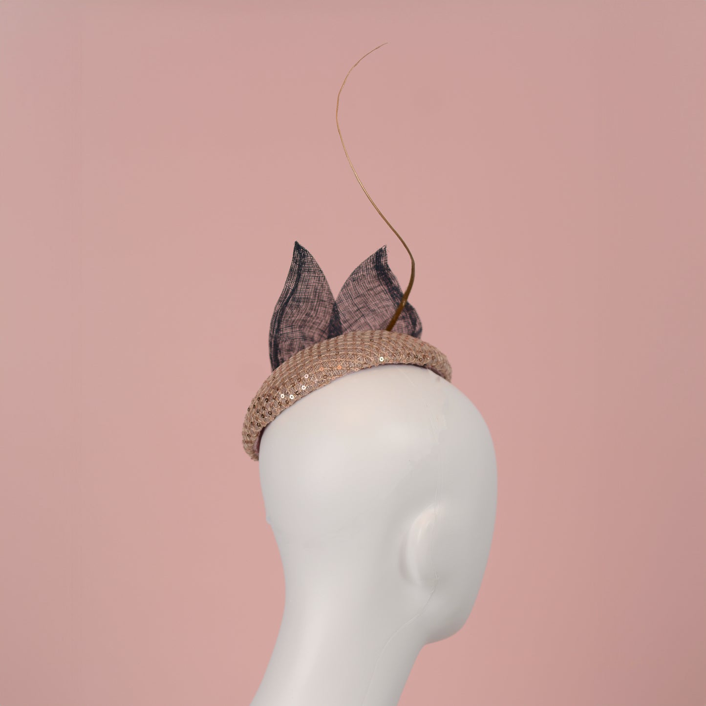 Blush Pink Sequin Button Fascinator with Navy Blue and Gold
