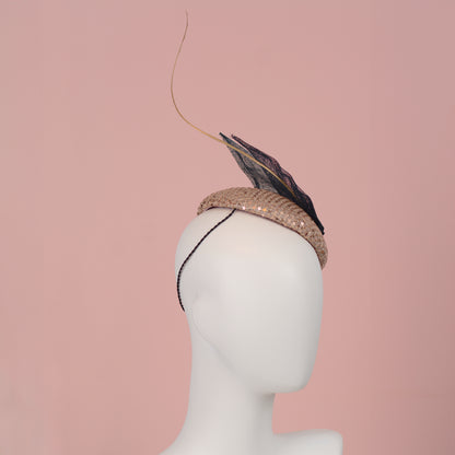 Blush Pink Sequin Button Fascinator with Navy Blue and Gold