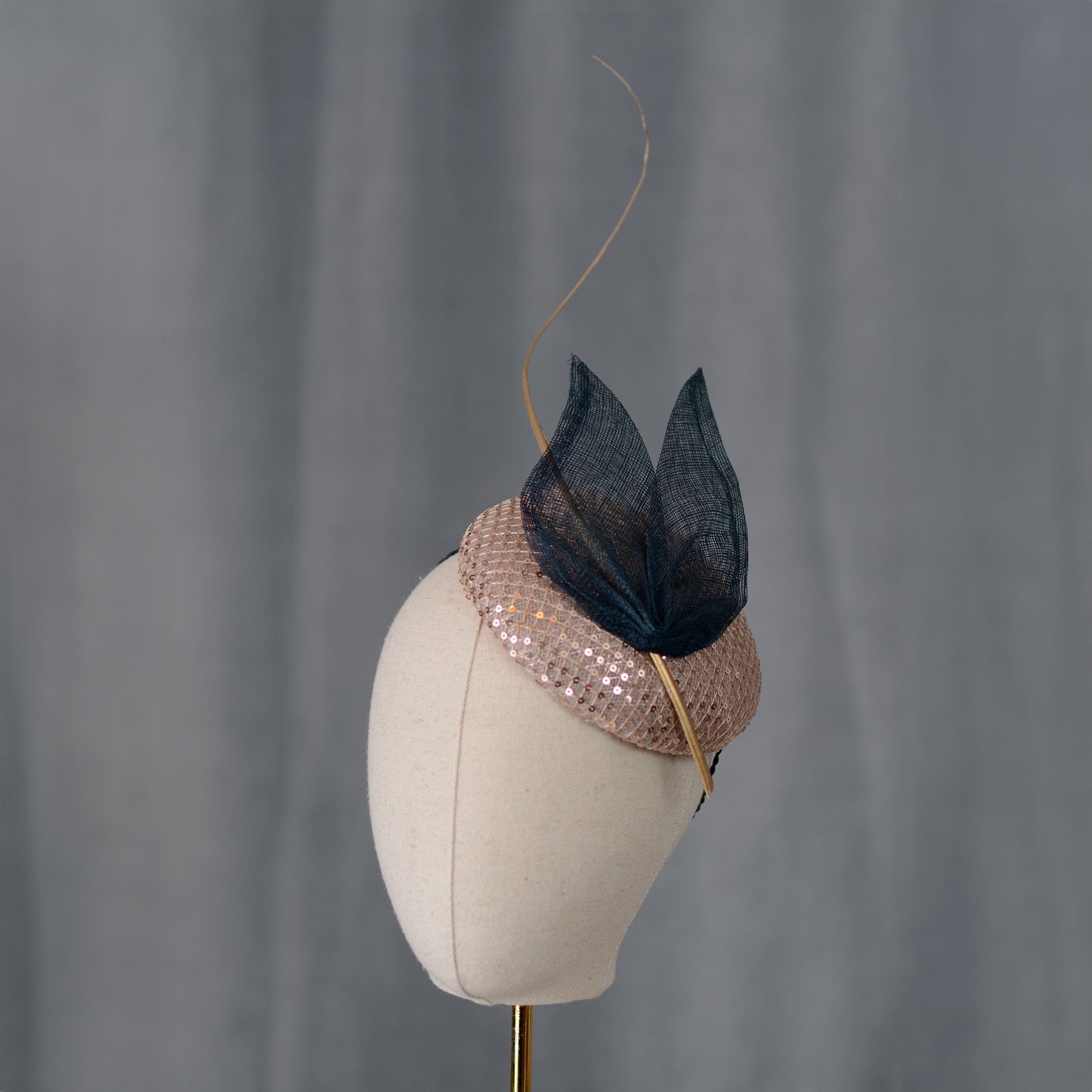 Blush Pink Sequin Button Fascinator with Navy Blue and Gold
