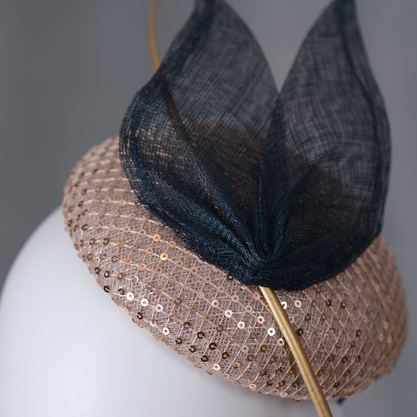Blush Pink Sequin Button Fascinator with Navy Blue and Gold