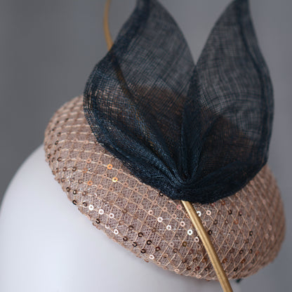 Blush Pink Sequin Button Fascinator with Navy Blue and Gold