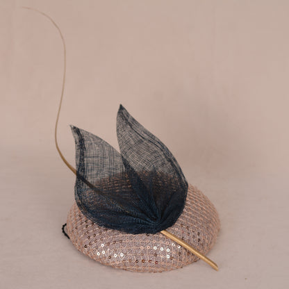 Blush Pink Sequin Button Fascinator with Navy Blue and Gold