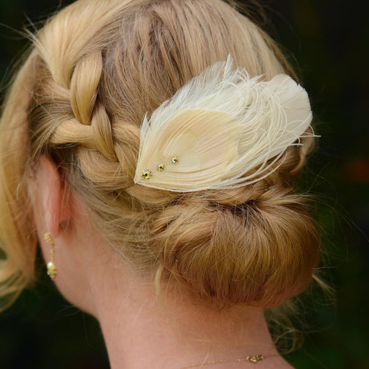 Feather Fascinator in Blush Pink and Ivory Peacock with Swarovski Crystal Detail | Bridal Feather Hair Clip | Blush Feather Hair Clip