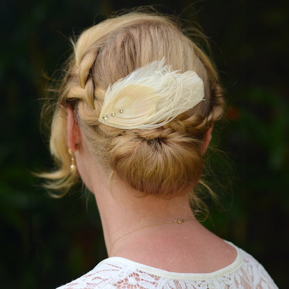 Bridal Peacock Feather Fascinator in Blush Pink and Ivory with Swarovski Crystal Detail No.37