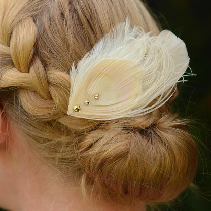 Feather Fascinator in Blush Pink and Ivory Peacock with Swarovski Crystal Detail | Bridal Feather Hair Clip | Blush Feather Hair Clip
