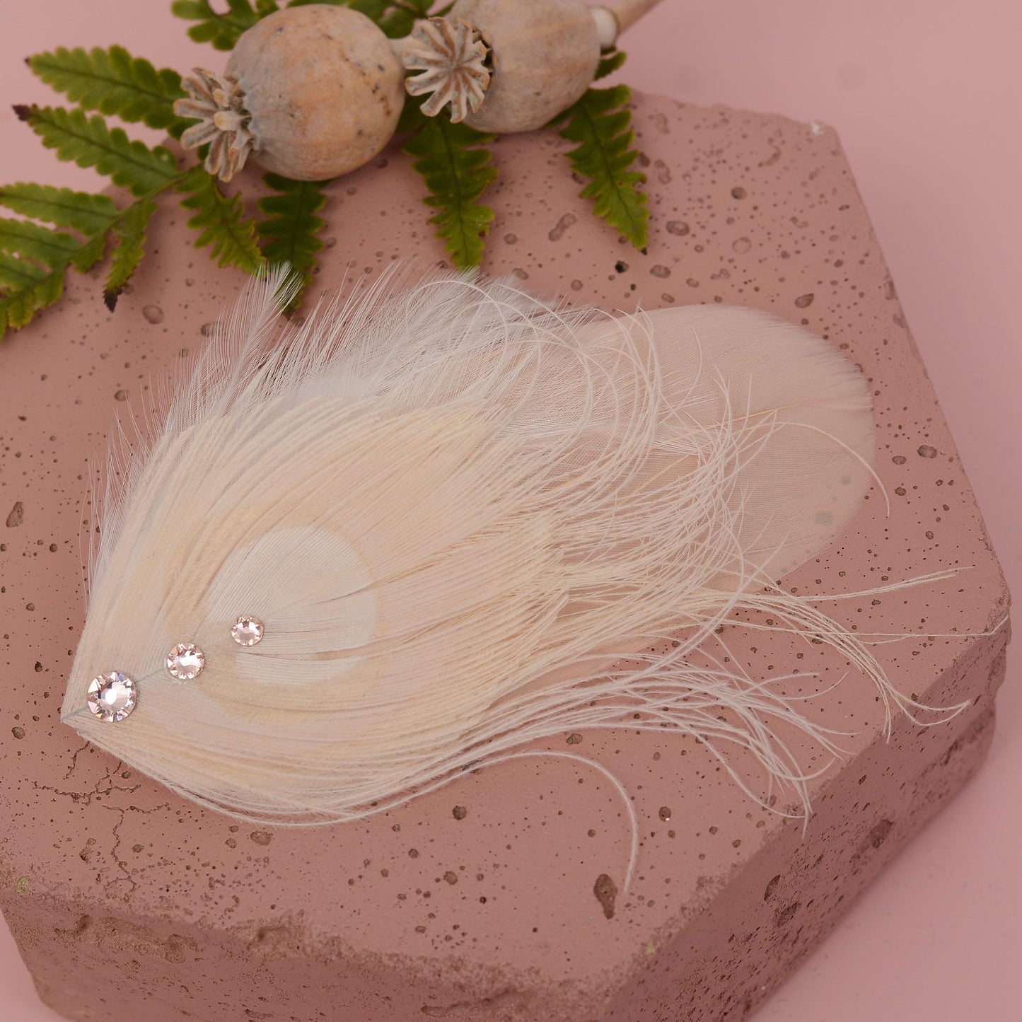 Feather Fascinator in Blush Pink and Ivory Peacock with Swarovski Crystal Detail | Bridal Feather Hair Clip | Blush Feather Hair Clip