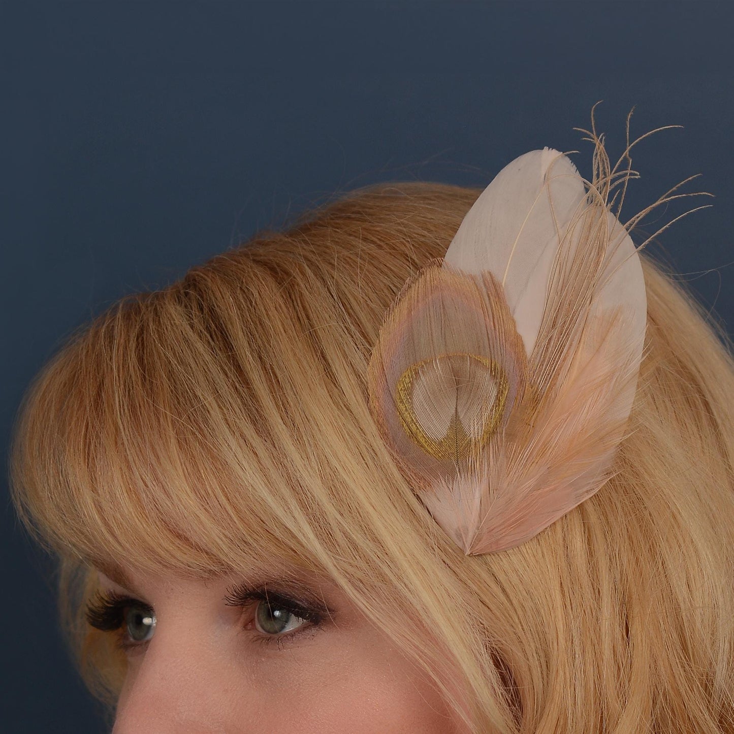 Feather Hair Clip in Golden Blush Pink and Antique Ivory Peacock | Bridal Feather Hair Clip | Blush Feather Fascinator