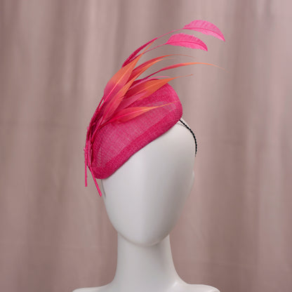 Bright Pink Perching Beret Hat with Feathers
