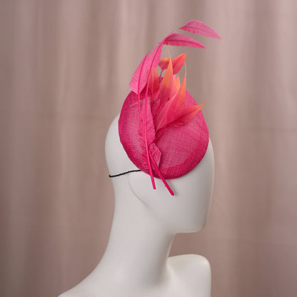 Bright Pink Perching Beret Hat with Feathers