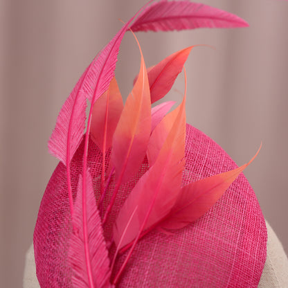 Bright Pink Perching Beret Hat with Feathers