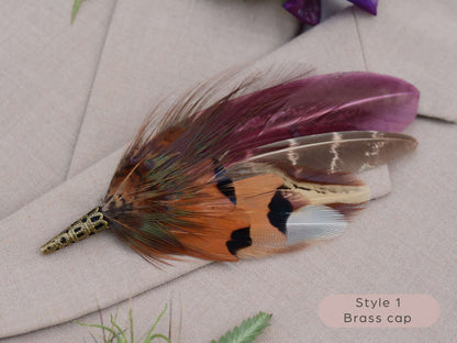 Large feather boutonniere brooch in purple, burgundy and copper pheasant feathers with brass cap.