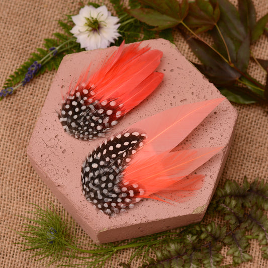 Feather hair clips with pink and black feathers on a stone surface with greenery around.