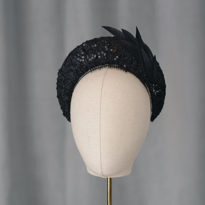 Seraphina - Headband Fascinator in Black Lace and Sequin