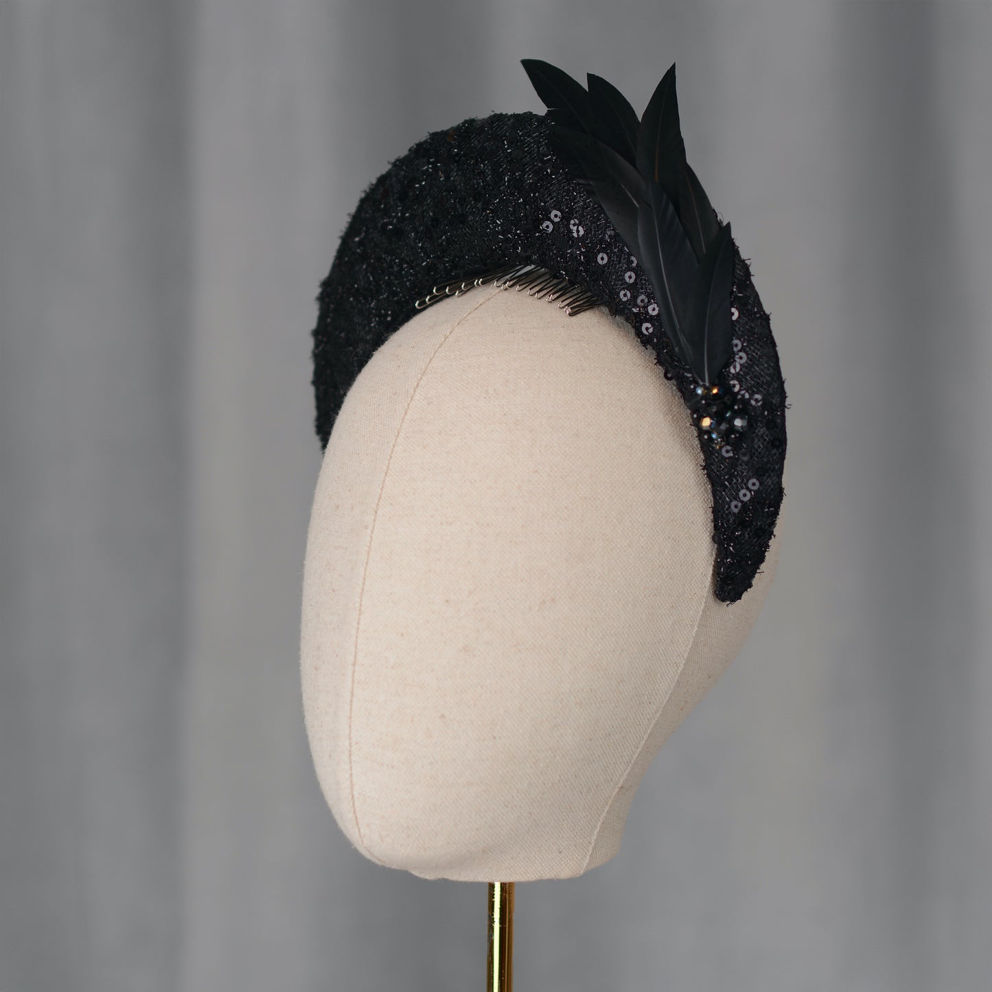 Seraphina - Headband Fascinator in Black Lace and Sequin