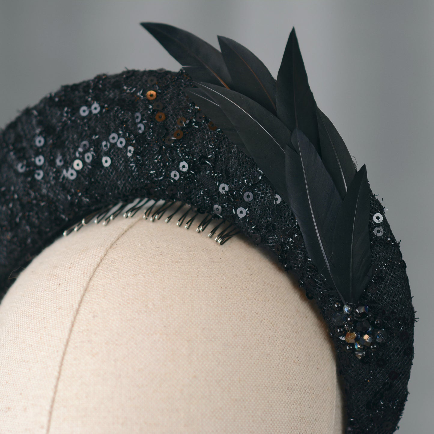 Seraphina - Headband Fascinator in Black Lace and Sequin