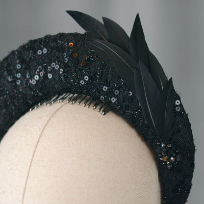 Seraphina - Headband Fascinator in Black Lace and Sequin