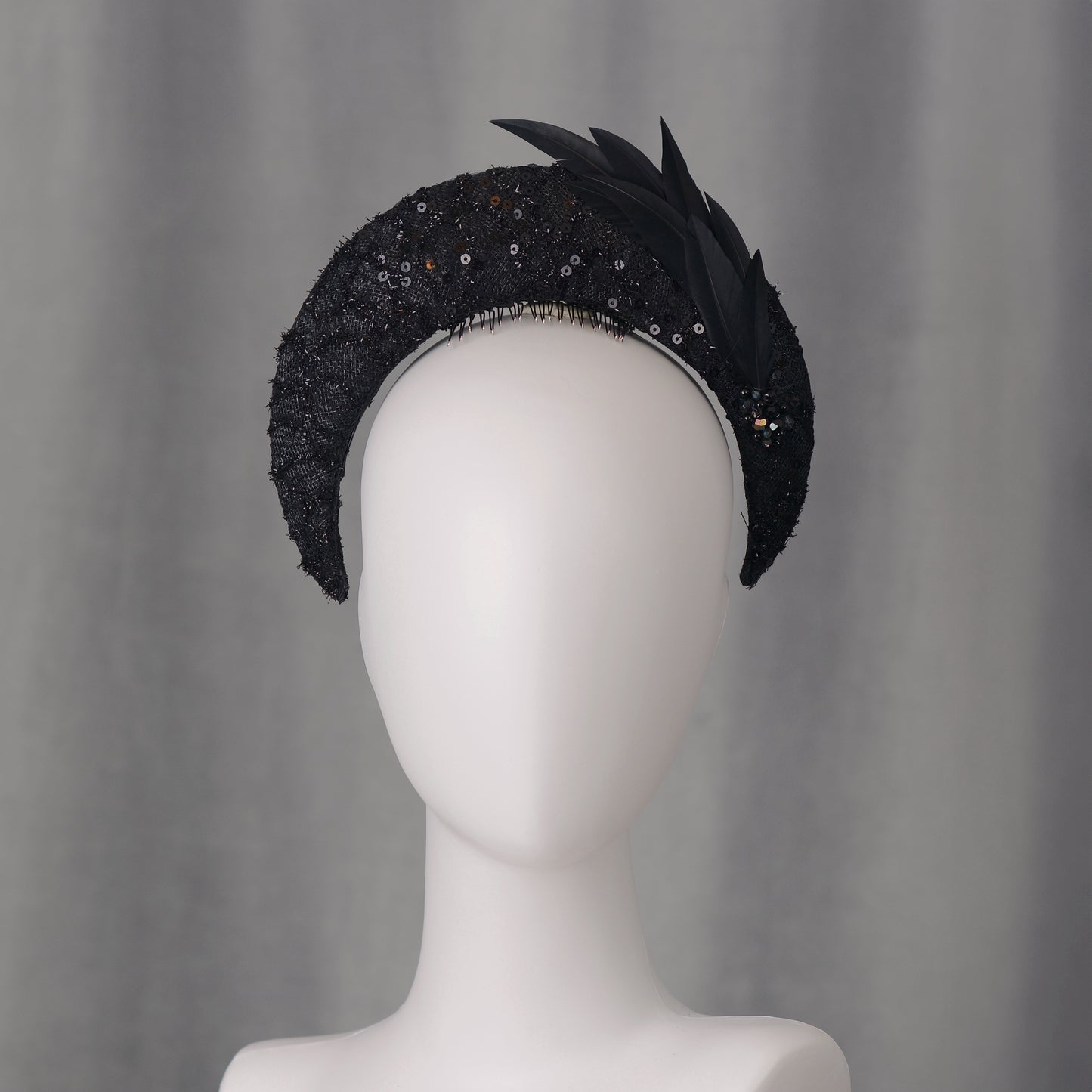 Seraphina - Headband Fascinator in Black Lace and Sequin