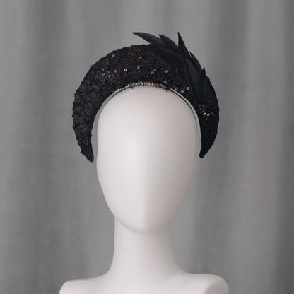 Seraphina - Headband Fascinator in Black Lace and Sequin