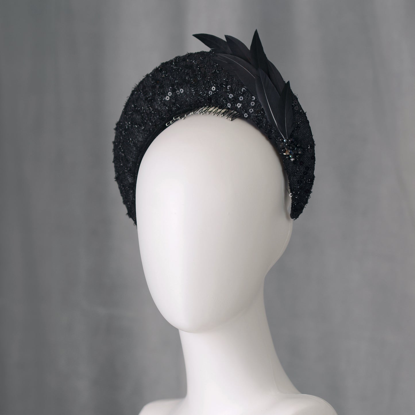 Seraphina - Headband Fascinator in Black Lace and Sequin