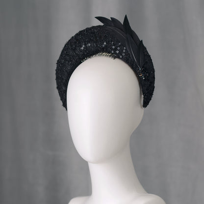 Seraphina - Headband Fascinator in Black Lace and Sequin