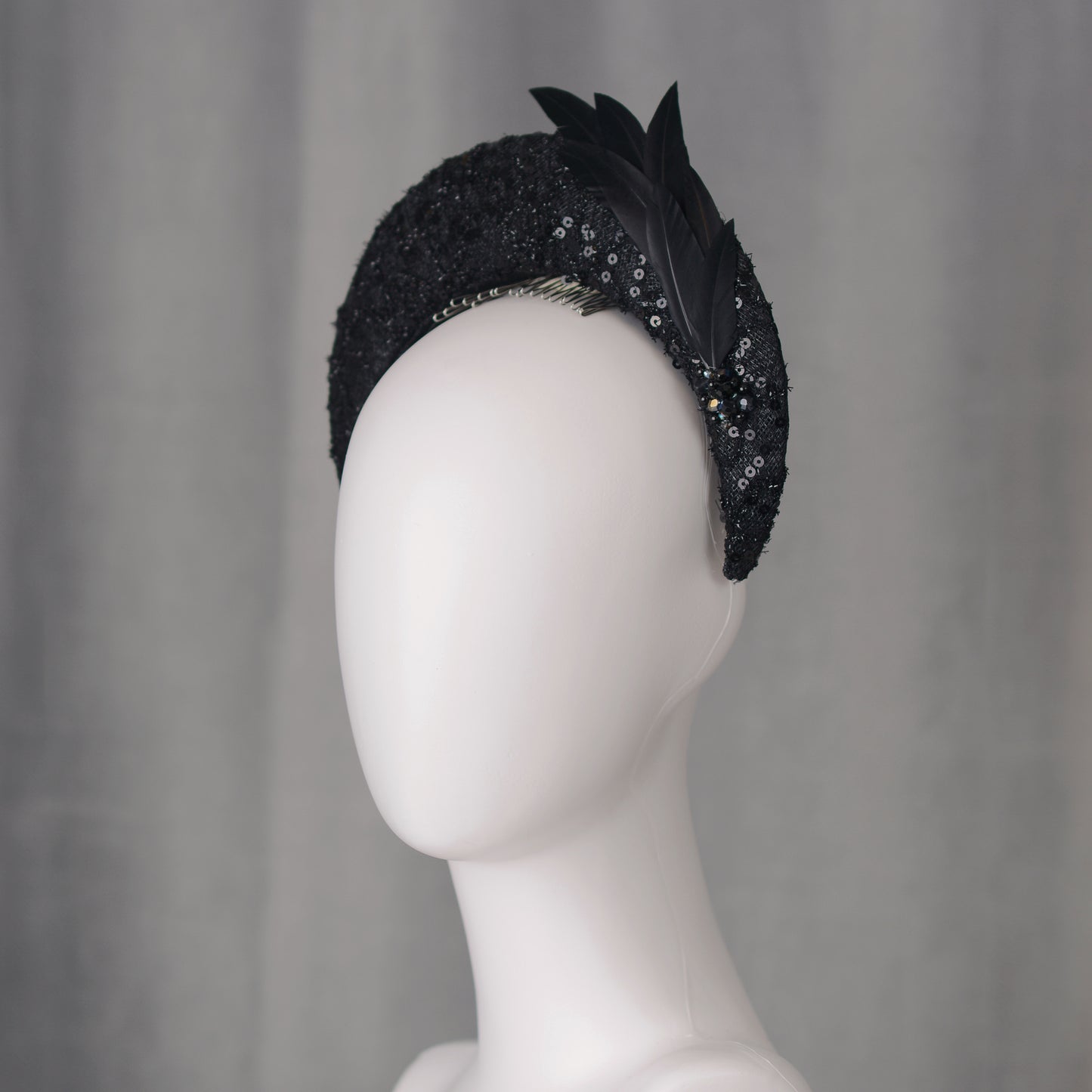 Seraphina - Headband Fascinator in Black Lace and Sequin