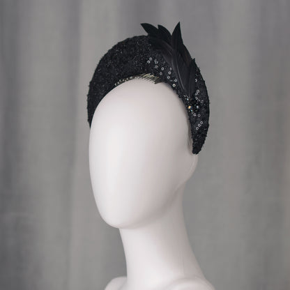 Seraphina - Headband Fascinator in Black Lace and Sequin