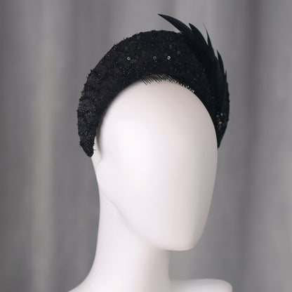 Seraphina - Headband Fascinator in Black Lace and Sequin