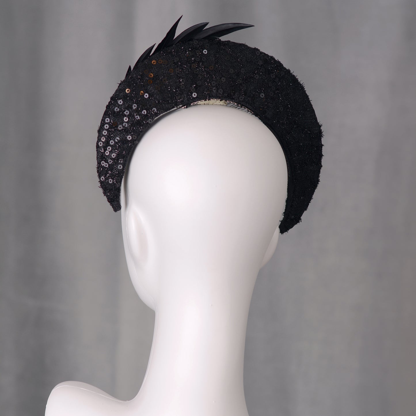 Seraphina - Headband Fascinator in Black Lace and Sequin