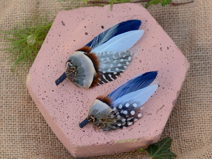 Navy and Pastel Blue Feather Boutonniere Hat Pin No.2