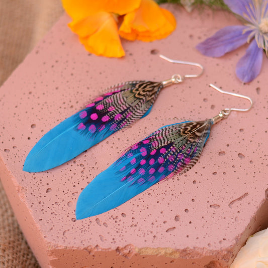 Turquoise Blue and Pink Feather Earrings