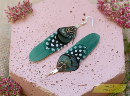 Green and Polka Dot Pheasant Feather Earrings