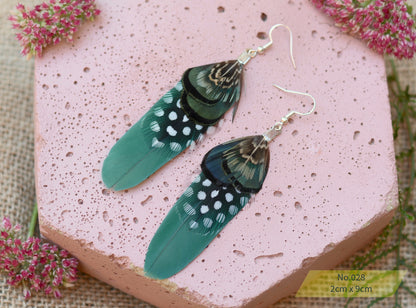 Green and Polka Dot Pheasant Feather Earrings