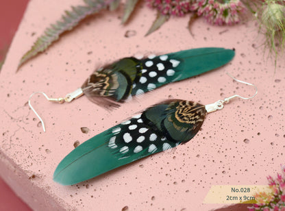 Green and Polka Dot Pheasant Feather Earrings