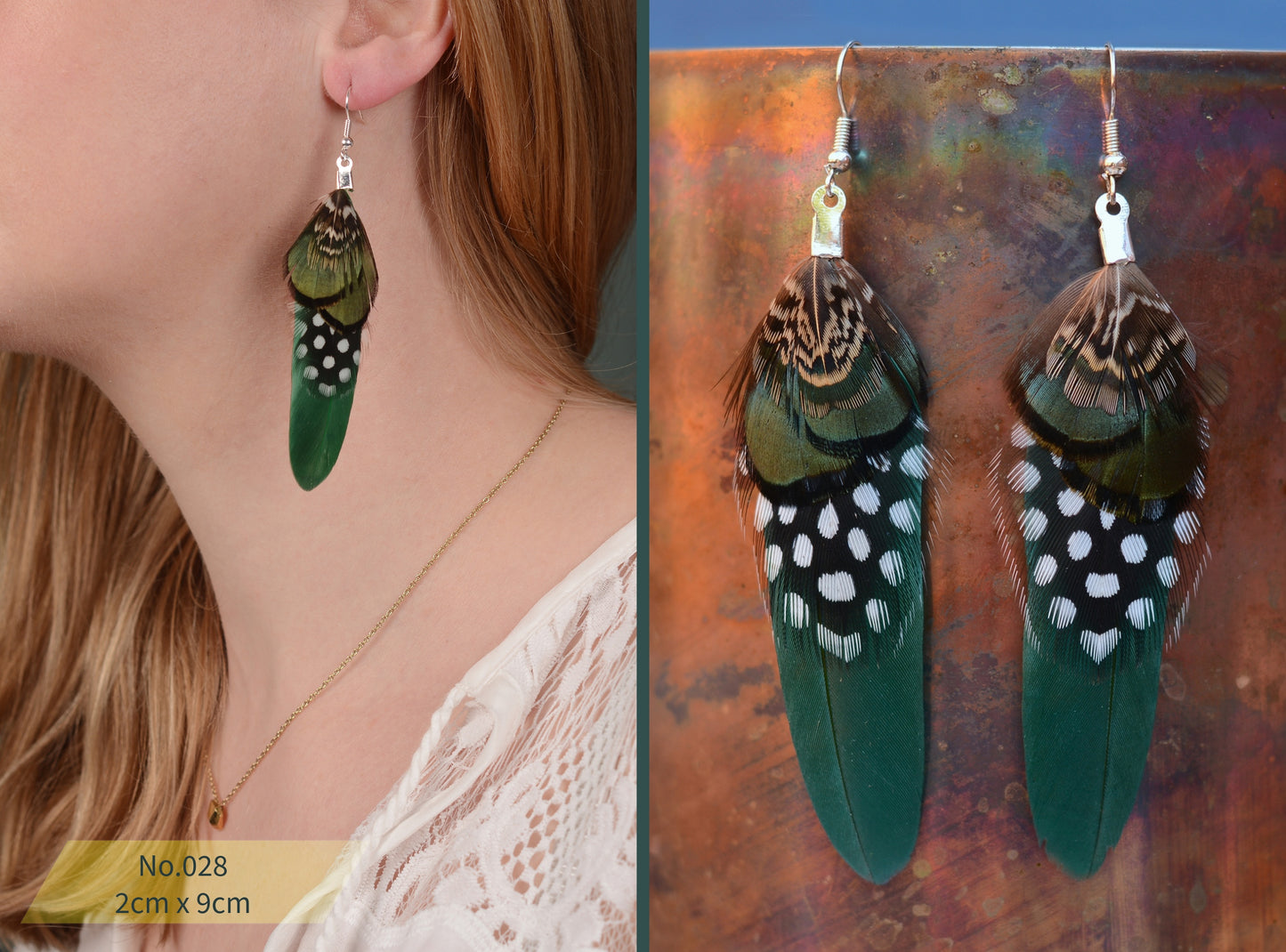 Green and Polka Dot Pheasant Feather Earrings